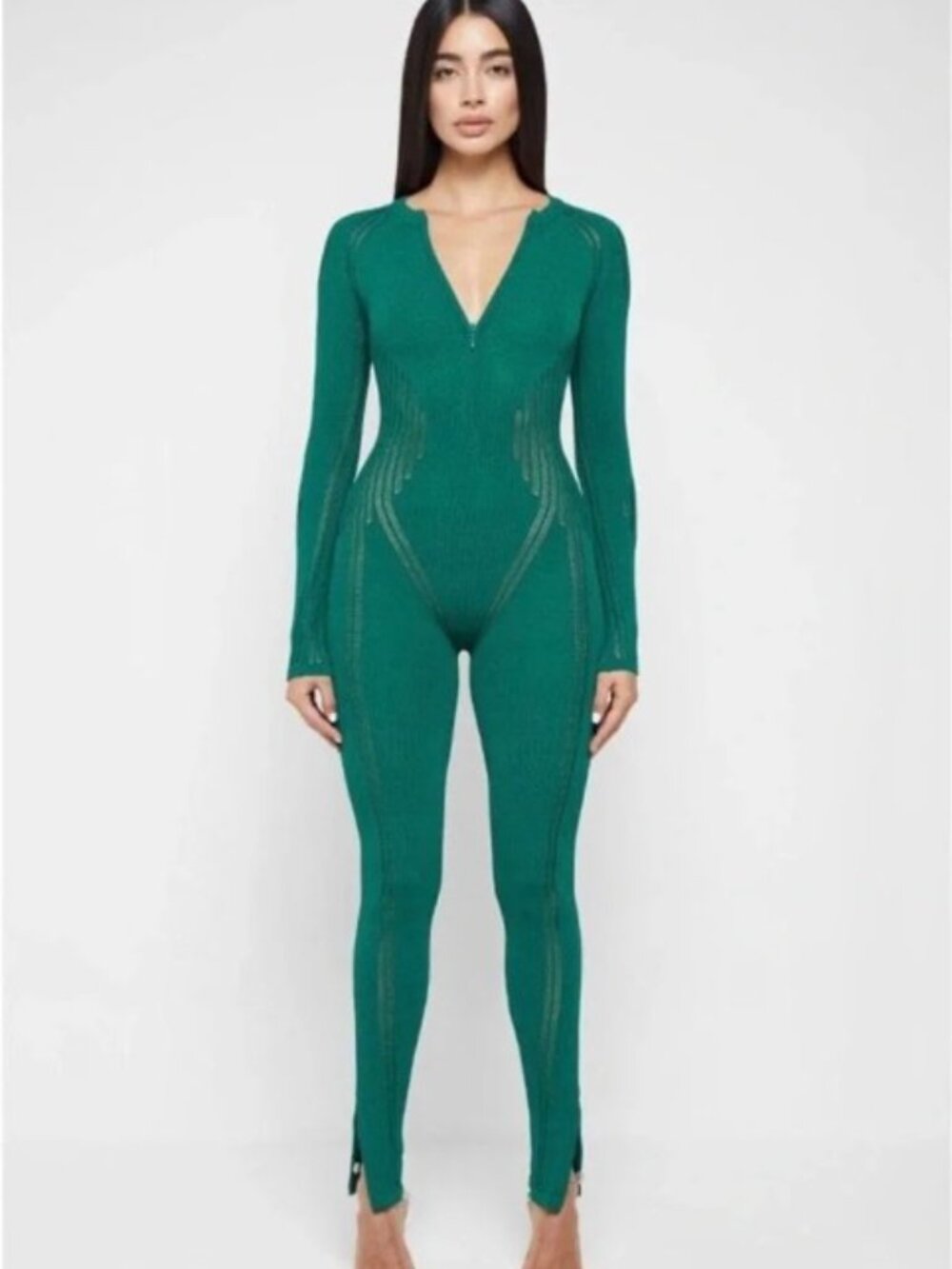Maniere De Voir Emerald Green Long-Sleeve Ribbed Jumpsuit - Picture 2 of 2